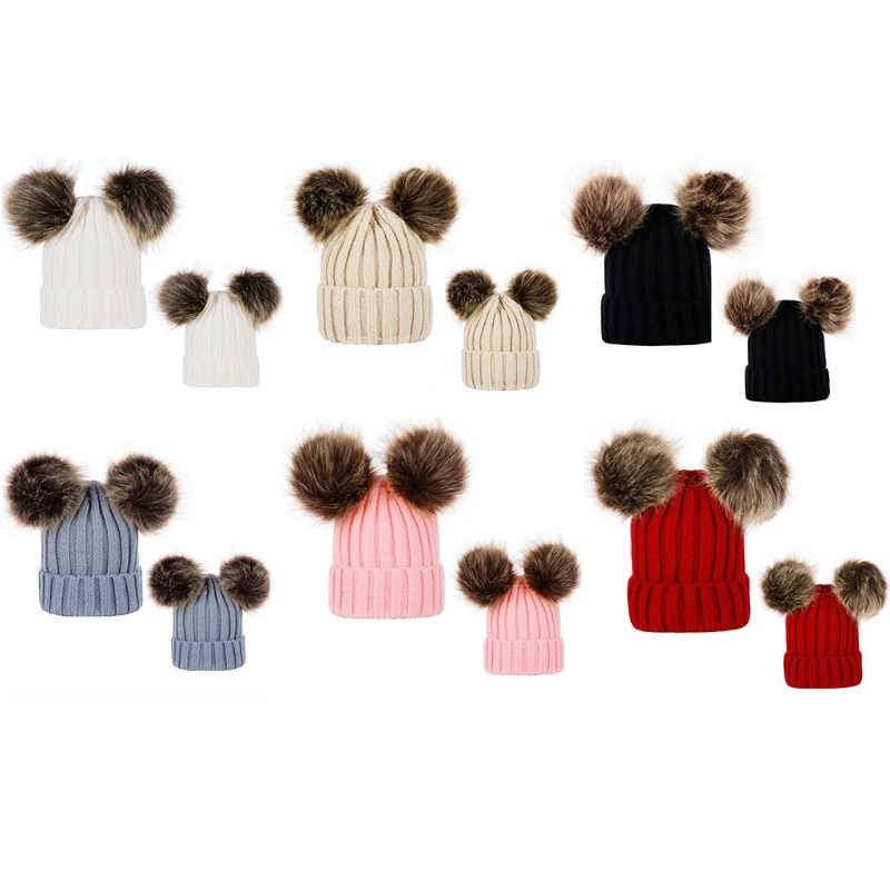 

573B Solid Color Crochet Christmas Parent-Child Knitted Hat Mom Baby Bonnet Winter