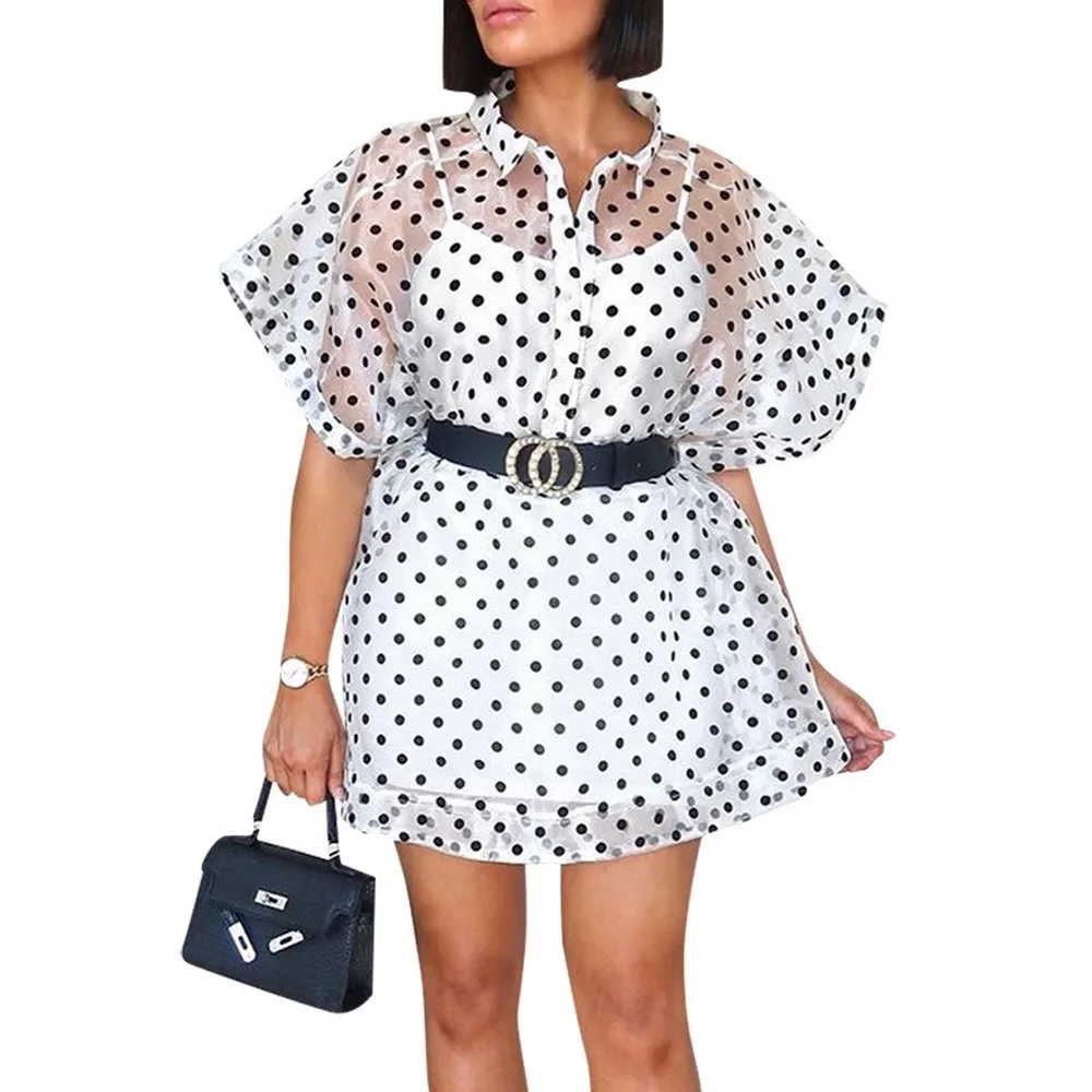 Весна и лето 2020 Новая Мода Простая рубашка воротник органза горошек цветок с