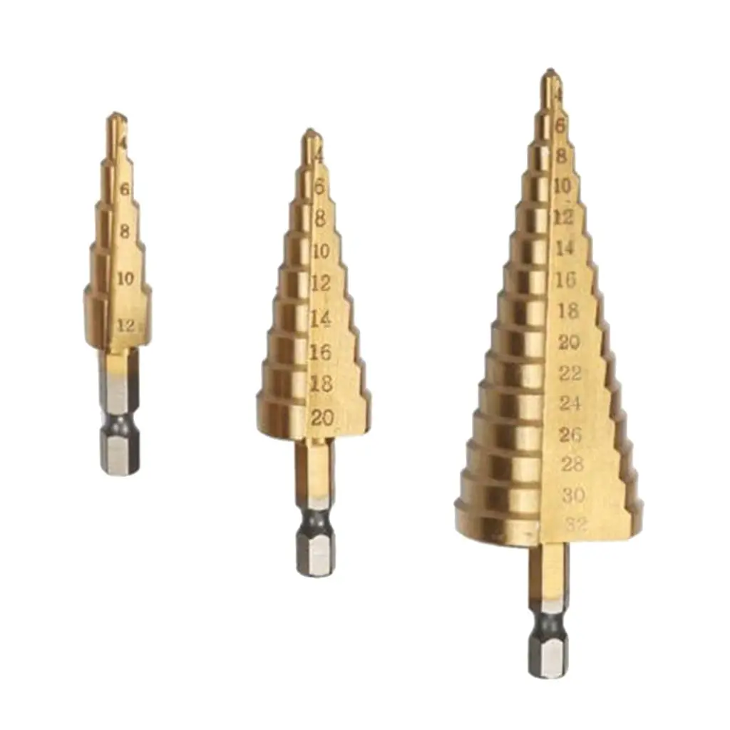 

4-12mm / 4-20mm / 4-32mm HSS Titanium Step Drill Bit for Wood, Metal, Brass, Aluminum