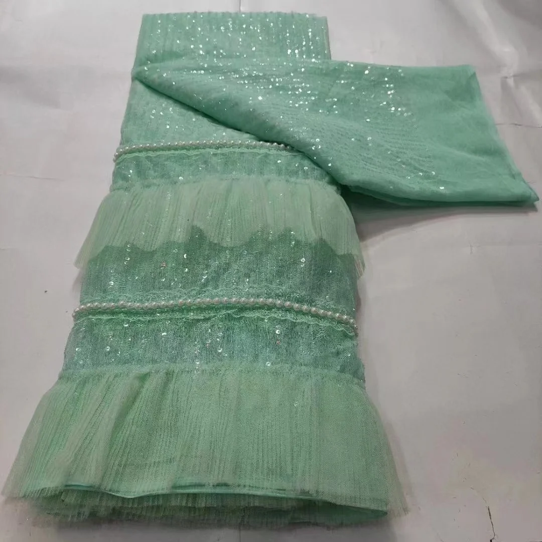 

2021 teal green High Quality African French Sequins Net Lace Fabric For Wedding Latest Organza Nigerian Lace Fabrics Sewing