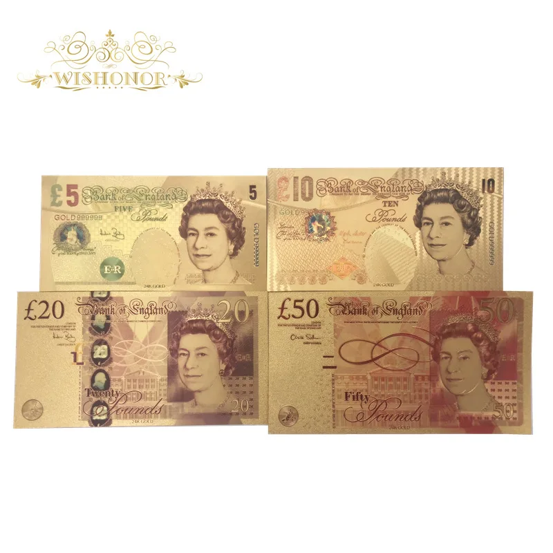 

4pcs/lot Full set United Kingdom Pound Colorful Gold Foil plated double design UK Banknote For Collection Banknote