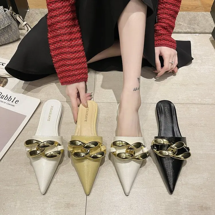 

Shoes Woman 2021 Female Slippers Low Mules Sexy Platform Pointed Toe Loafers New Cover Flat PU Basic Rubber Slides Shoes Low Poi