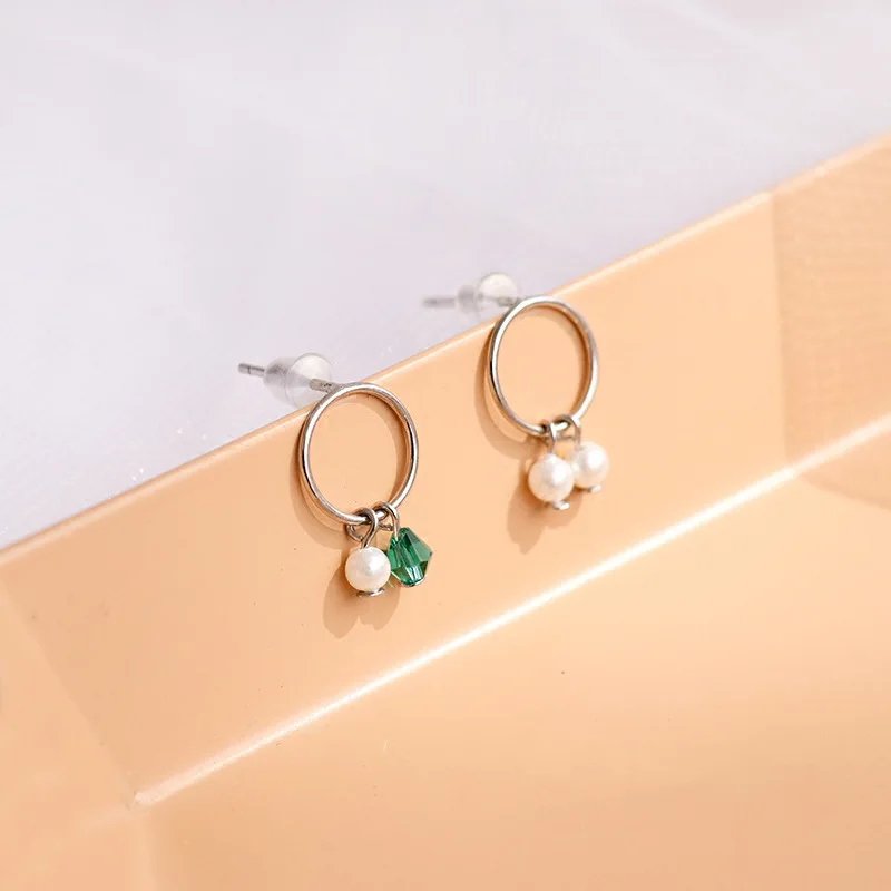 

Modern Jewelry Round Simulated Pearl Earrings Emerald Green Stylish Asymmetric Circle Geometry Earrings For Party Gifts