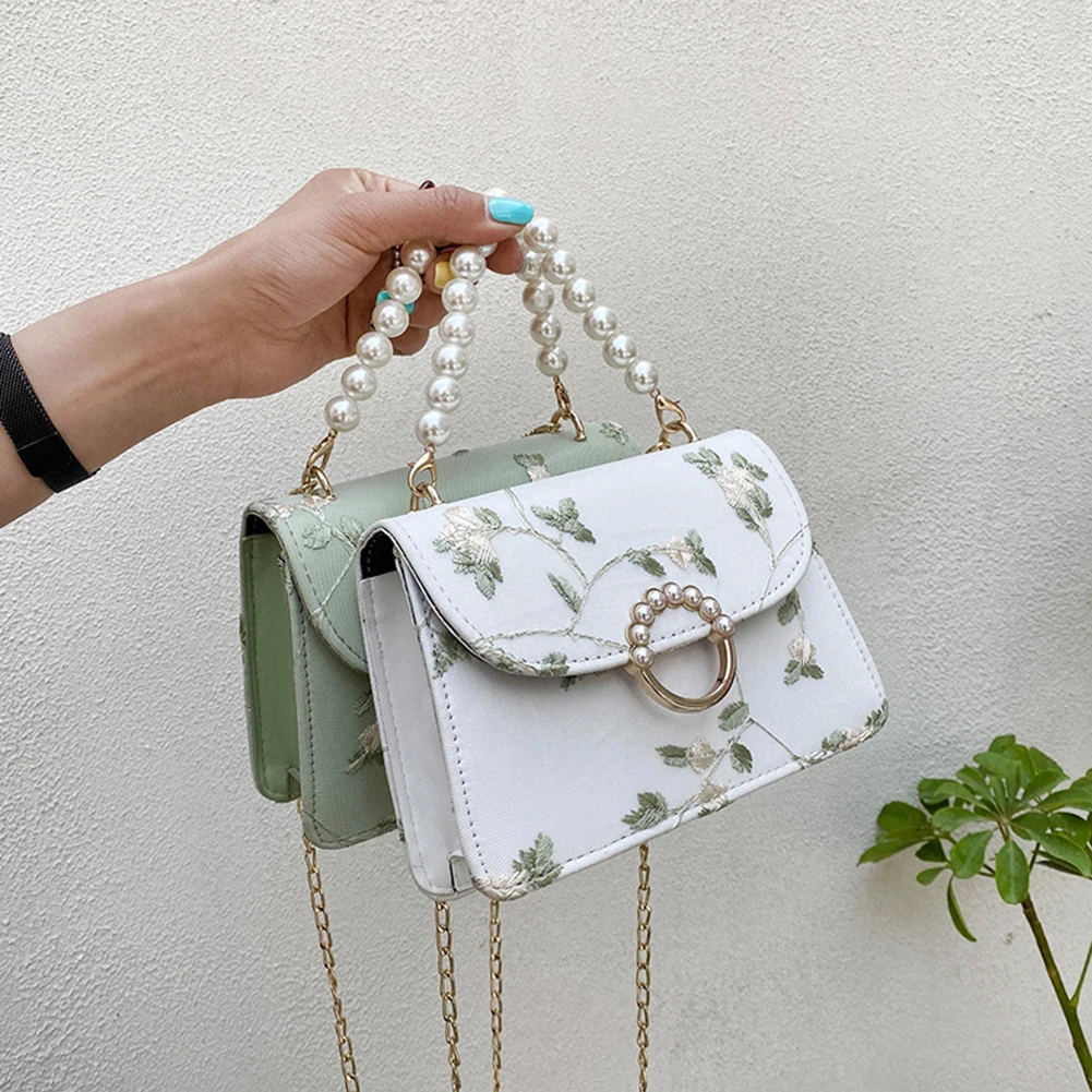 

Net Yarn Flower Shoulder Bag For Women 2021 Soft PU Leather Crossbody Female Pearl Chain Handbags Summer Beach Square Bag