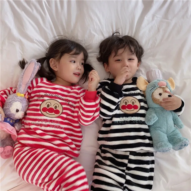 

Winter boys and girls children's cartoon stripe flannel stripe thickened coral velvet home set