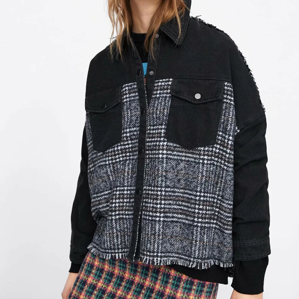 Женское клетчатое пальто ZA асимметричное Свободное контрастных цветов с