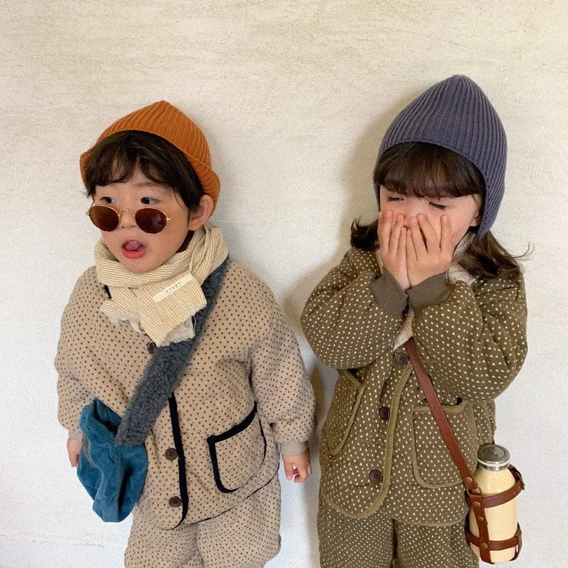 

Spring Winter Girl Boys Sets Coat Pants Jackets Warm Thicken Clothing Kids Teenage Two Piece Cotton Green Beige Home High Qualit