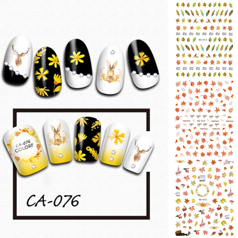 

1 Sheet Autumn Maple Leaves 3D Nail Sticker Fall Yellow Gold Adhesive Nail Art Sticker Cartoon DIY Manicure Wraps 103*80mm