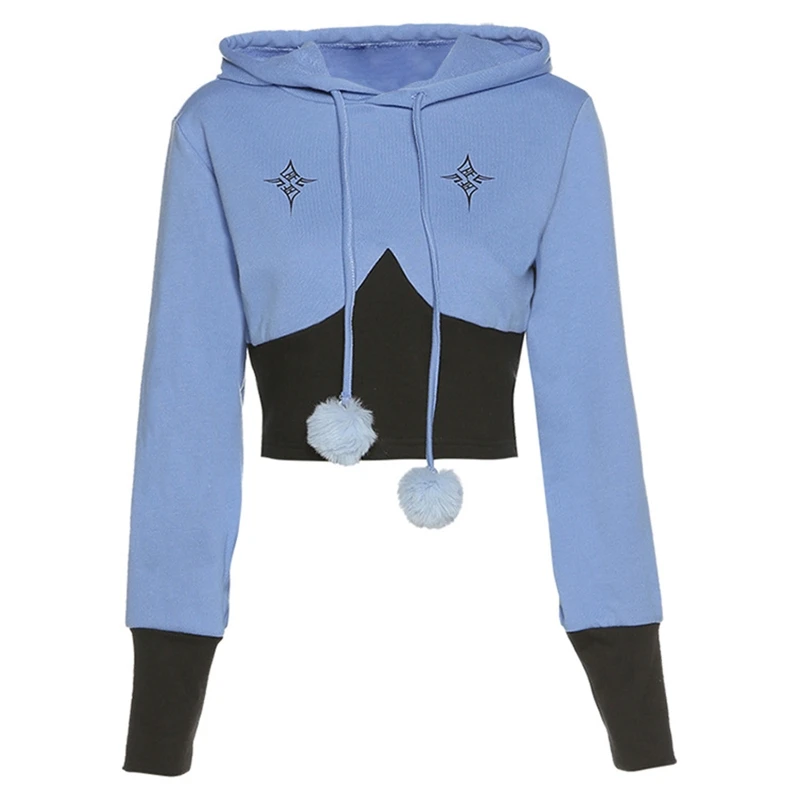 

Women Long Sleeve Color Block Loose Hoodies Pompom Drawstring Cropped Sweatshirt BX0B