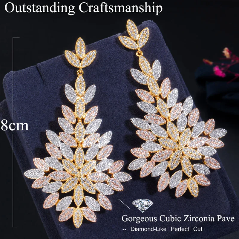 

Pera Luxury African Gold Leaf Cubic Zirconia Nigerian Long Dangling Earrings for Women Engagement Wedding Jewelry E532