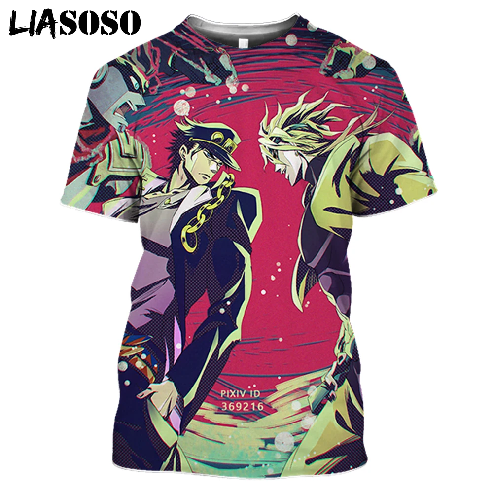 

LIASOSO Jojo Colorful Bizarre Adventure Cool Men Short Sleeve Vaporwave Aesthetic Jotaro Casual Kids T-shirt Print Top Japanese
