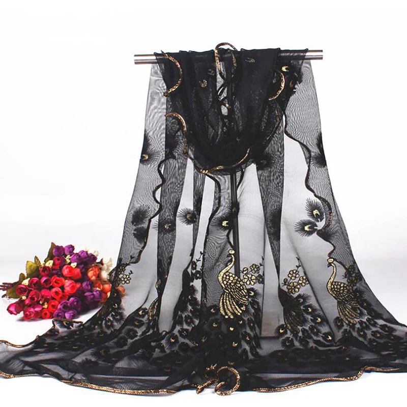 Вышивка кружева для женщин павлин цветок морщинка хиджаб шаль шарфы