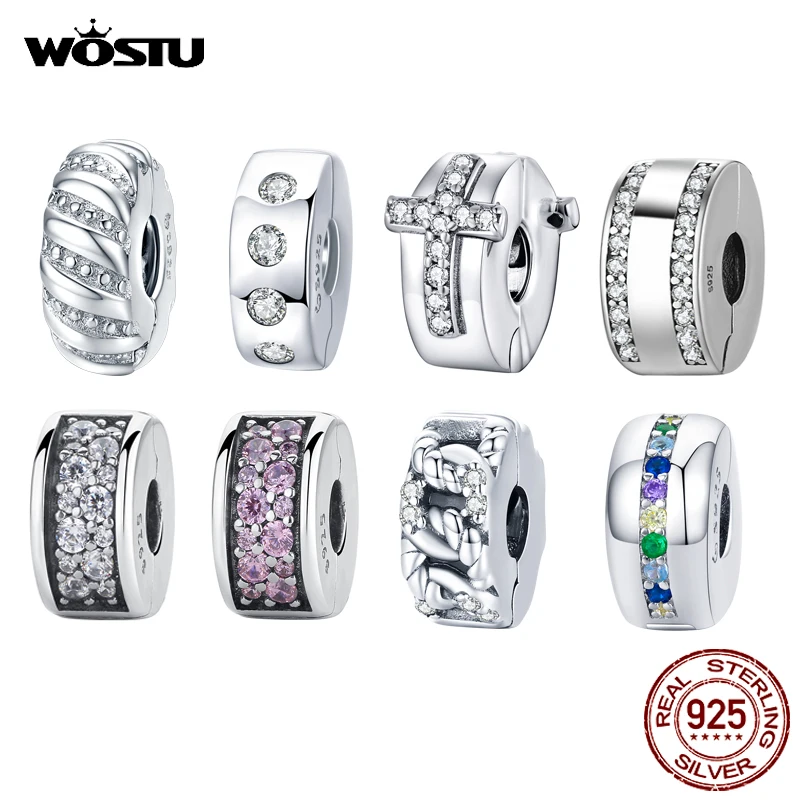 

Wostu Real 925 Sterling Silver Shining Elegance CZ Clip Charm Dangle Fit Original Pan Bracelet For Women Pendant Fine Jewelry