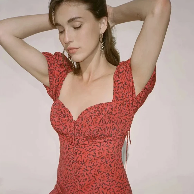 Красное платье Лето Новая мода Женская одежда Caterpillar печатных сексуальный