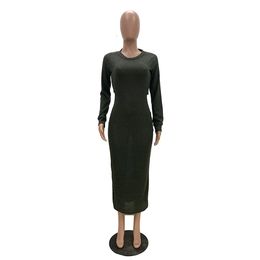 Однотонное сексуальное трикотажное платье миди с открытой спиной круглым