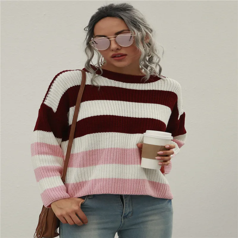 

Female Sweater, Women s Striped Round Neck Long Sleeve Pullover Knitwear for Fall Winter, S/M/L