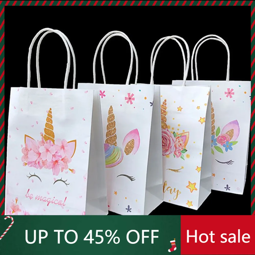 

10Pcs Unicorn Gift Bags Kraft Paper Bags with Handle Cartoon Party Supplies Unicorn Birthday Party Decorations Kids