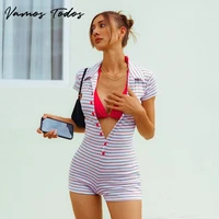 2021 summer striped bodycon women playsuits single breasted button casual shorts women jumpsuits contract color sports rompers