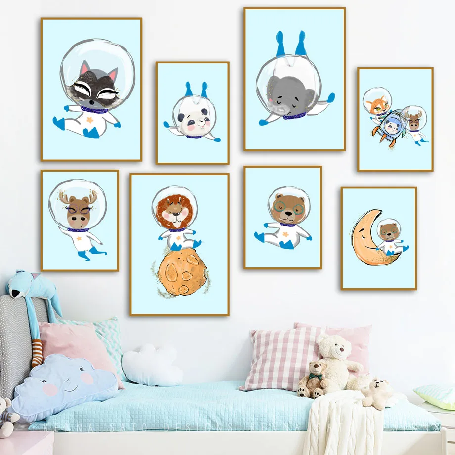 

Мультяшный медведь олень Лев панда животные астронавт скандинавские плакаты и принты Настенная картина на холсте настенные картины декор ...