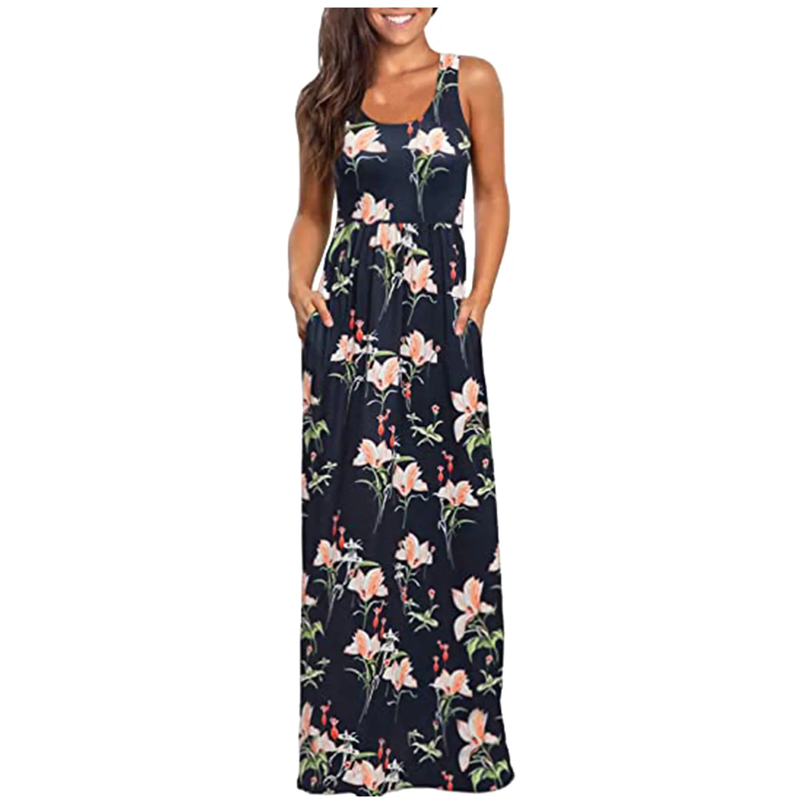 

Women's Long Dress 2021 Summer Floral Print Sleeveless Pocket Party Maxi Dresses Casual Beach Long Maxi Loose Evening Dress