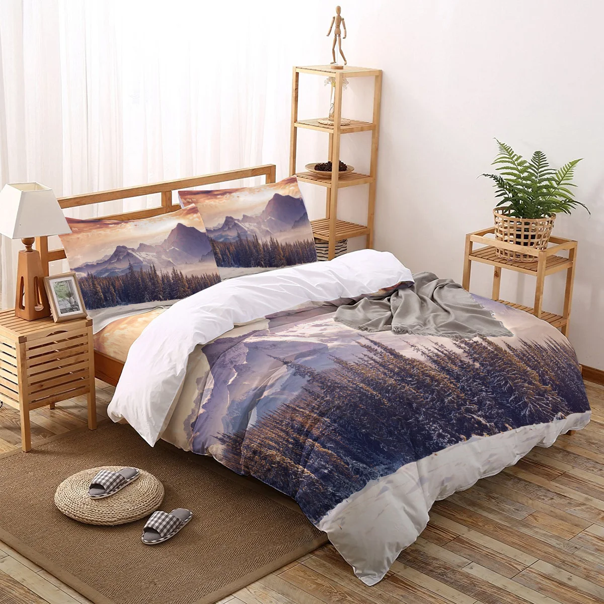 

Комплект швейцарского постельного белья с изображением природного пейзажа, рождественской елки, снега, Королевский размер, пододеяльник, п...