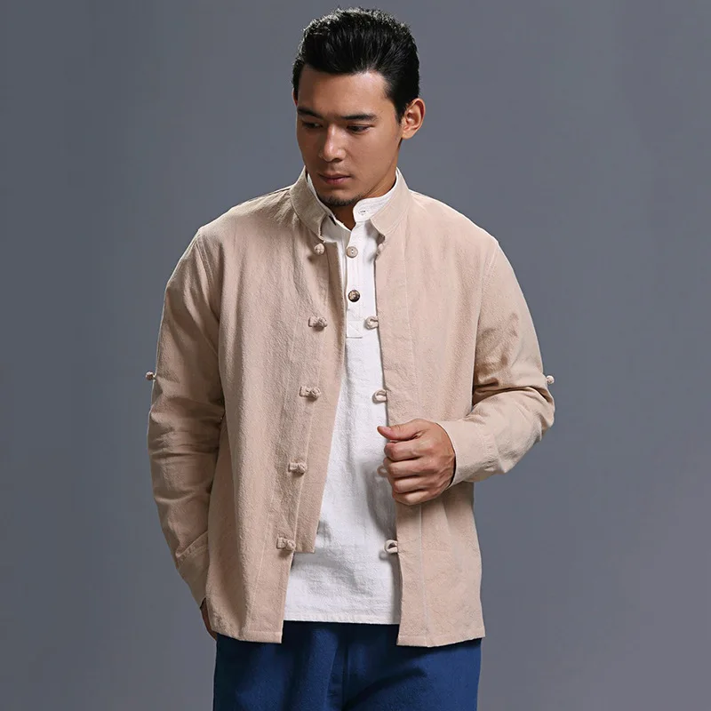 

2020 Autumn Men's Shirt Chinese Style Men's Cotton and Linen Long Sleeve Shirt Loose Retro Artistic Casual Coat Tops