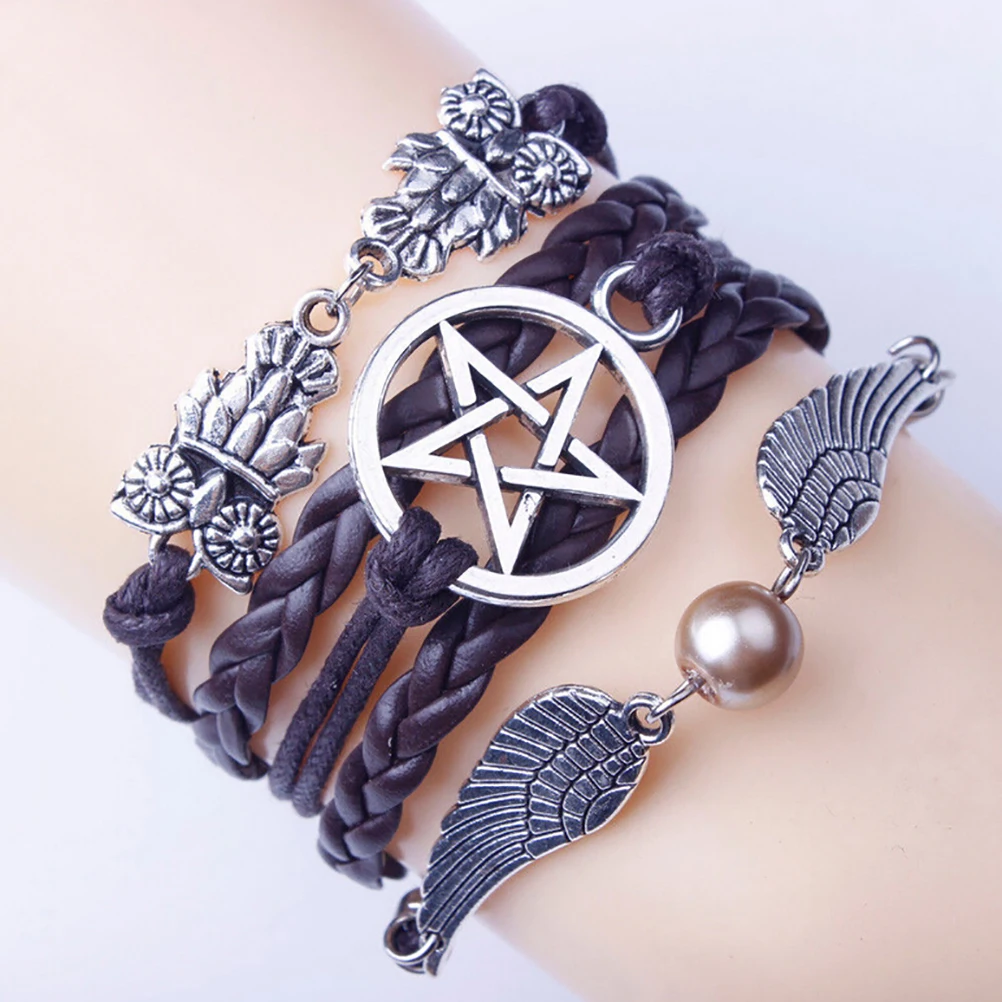 

Antique Bronze Angel Wing Hurry Potter Games Owl Wrapped Leather Charm Mutlilayer Bracelet