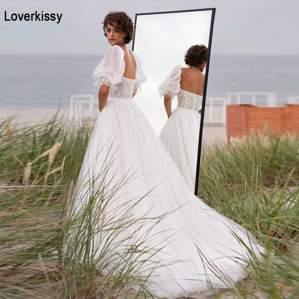 

Loverkissy 2022 Boho Puffy Sleeve Wedding Dresses Lace Appliques Tulle Sweetheart A Line Pastrol Princess Bridal Gowns White