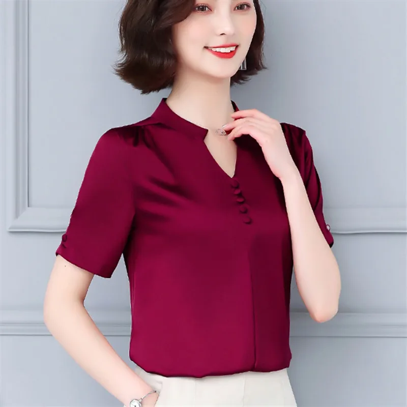 Женская шифоновая блузка с V-образным вырезом и коротким рукавом |