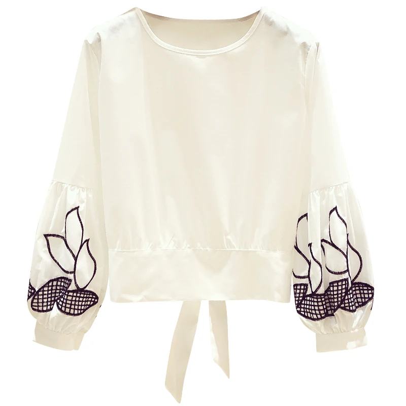 

White Blouse Female 2021 Spring New Embroidered Flowers Lantern Sleeve Round Neck Back Lace Bow Shirt Women's Short Tops