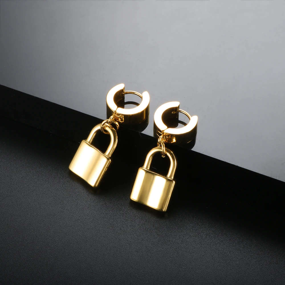 

Stainless Steel Hip-Hop Style Lock Charm Dangle Earrings Gold Plated Rock Drop Earrings for Women Men Jewelry Gifts