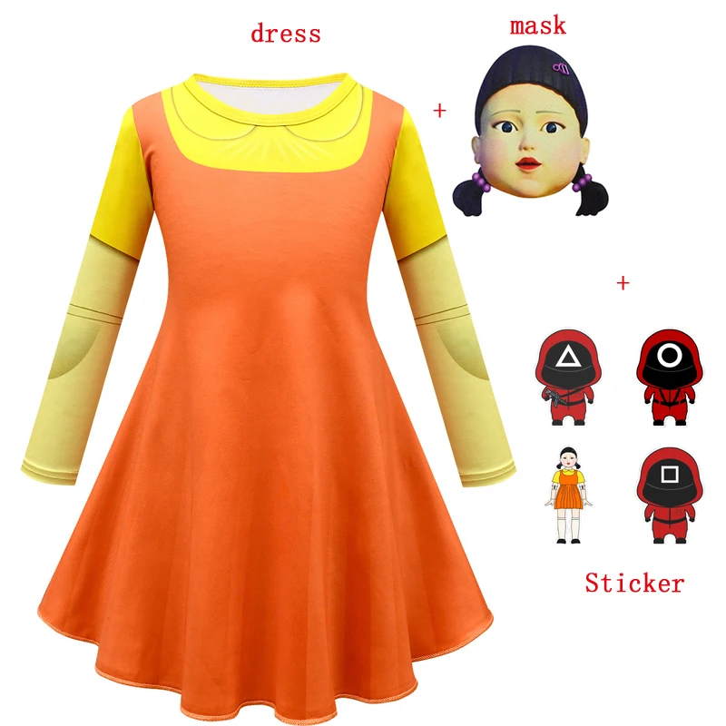 squid game fille 123 soleille Robot Doll Star Cosplay Yellow Girl Dress Halloween Costume For Kids Wooden Man COS Party clothing |