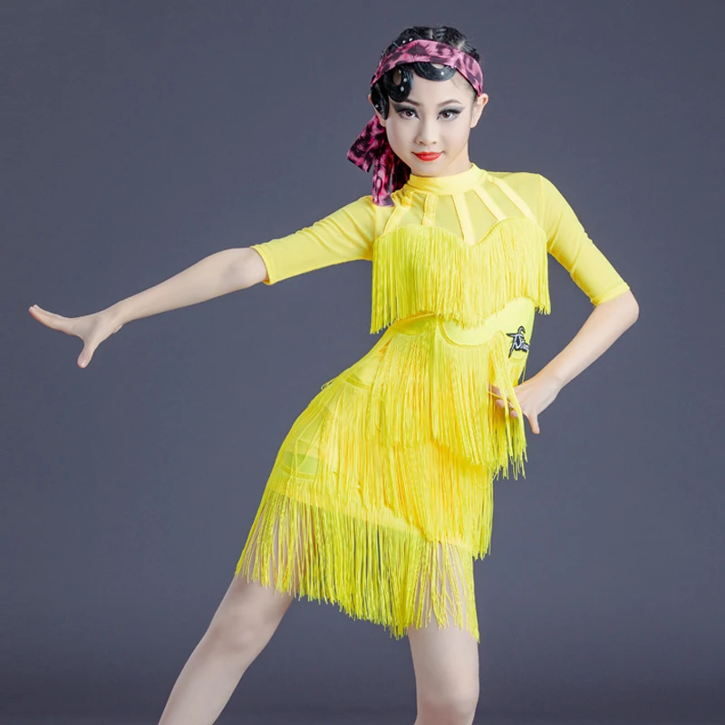 

Girls Latin Dance Dress Yellow Fringed Dress Kids Salsa Chacha Samba Tango Wear Ballroom Competition Dancing Clothes SL4671