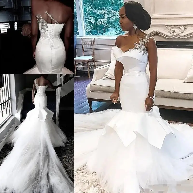 

African One-Shoulder Wedding Dresses 2022 Mermaid Beaded Lace Up Plus Size Bridal Gowns Bride Dress Robe De Mariee
