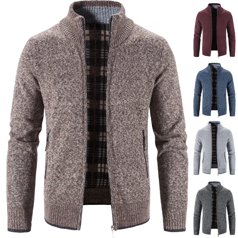 

Мужской зимний Кардиган со стоячим воротником, Однотонный свитер, куртка на молнии, модная повседневная спортивная шерстяная кашемировая Джерси, мужской холодный джемпер, пальто