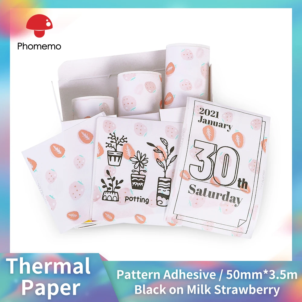 

T02 Phomemo 3 Rolls Pattern Sticker 20-Year Long-Lasting Strawberry Milk Thermal Paper Pocket Printer 50mm*3.5m for 20 Years