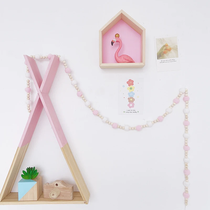 

Wooden Beads Garland with ColoredPompom Balls Wall Hanging For Kids Nursery Room Living Room Bedroom Dining Rooms