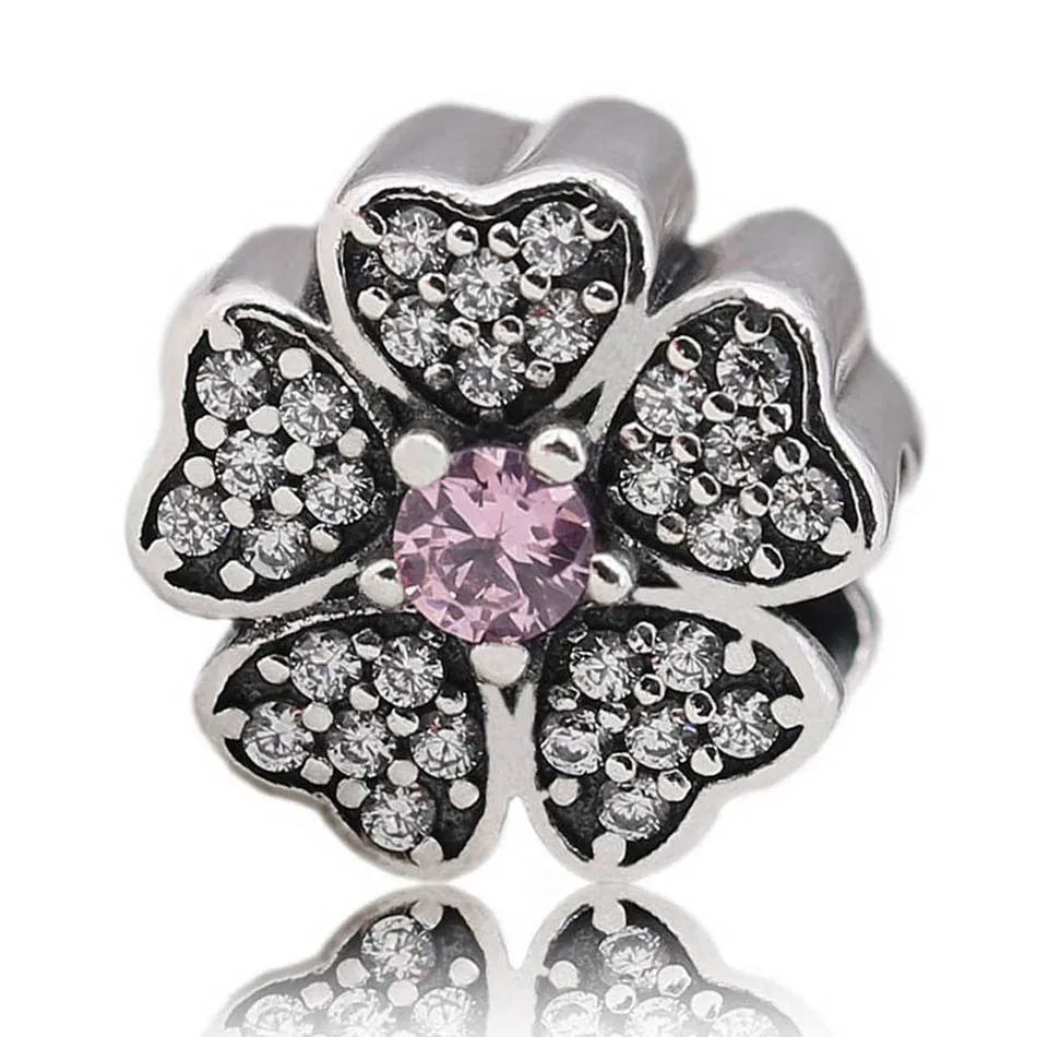 

Authentic S925 Silver Bead Pink Crystal Hearts Charms for Women Bracelet Girl Lady Birthday Gift