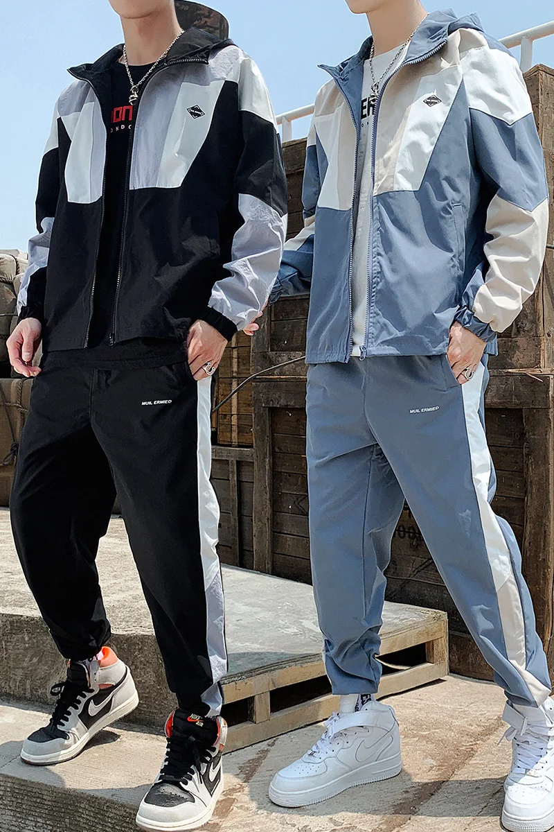 Новинка; сезон весна-осень; Hombre спортивный костюм на молнии; куртка+ брюки; мужские комплекты с карманами; Молодежная Стильная Спортивная одежда с модными узорами