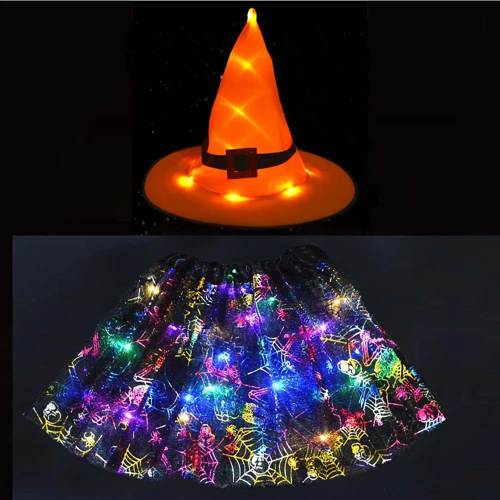 web skirt Для девочек легкое светодиодный волшебник, ведьма шляпа с юбка пачка аксессуары для косплея Хэллоуин сверкающие принадлежности для вечеринки Пурим Рождество - Цвет: web skirt
