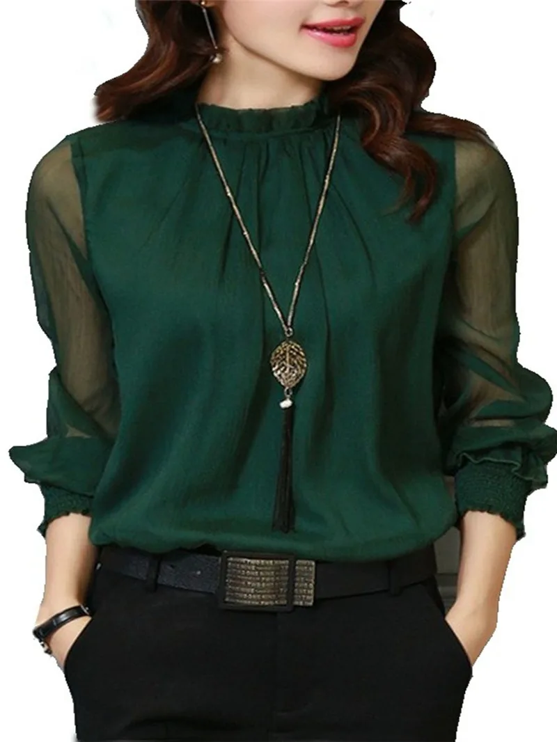 

Chiffon Blouse New Women Tops Long Sleeve Stand Neck Work Wear Shirts Elegant Lady Casual Blouses women's blusas Plus size