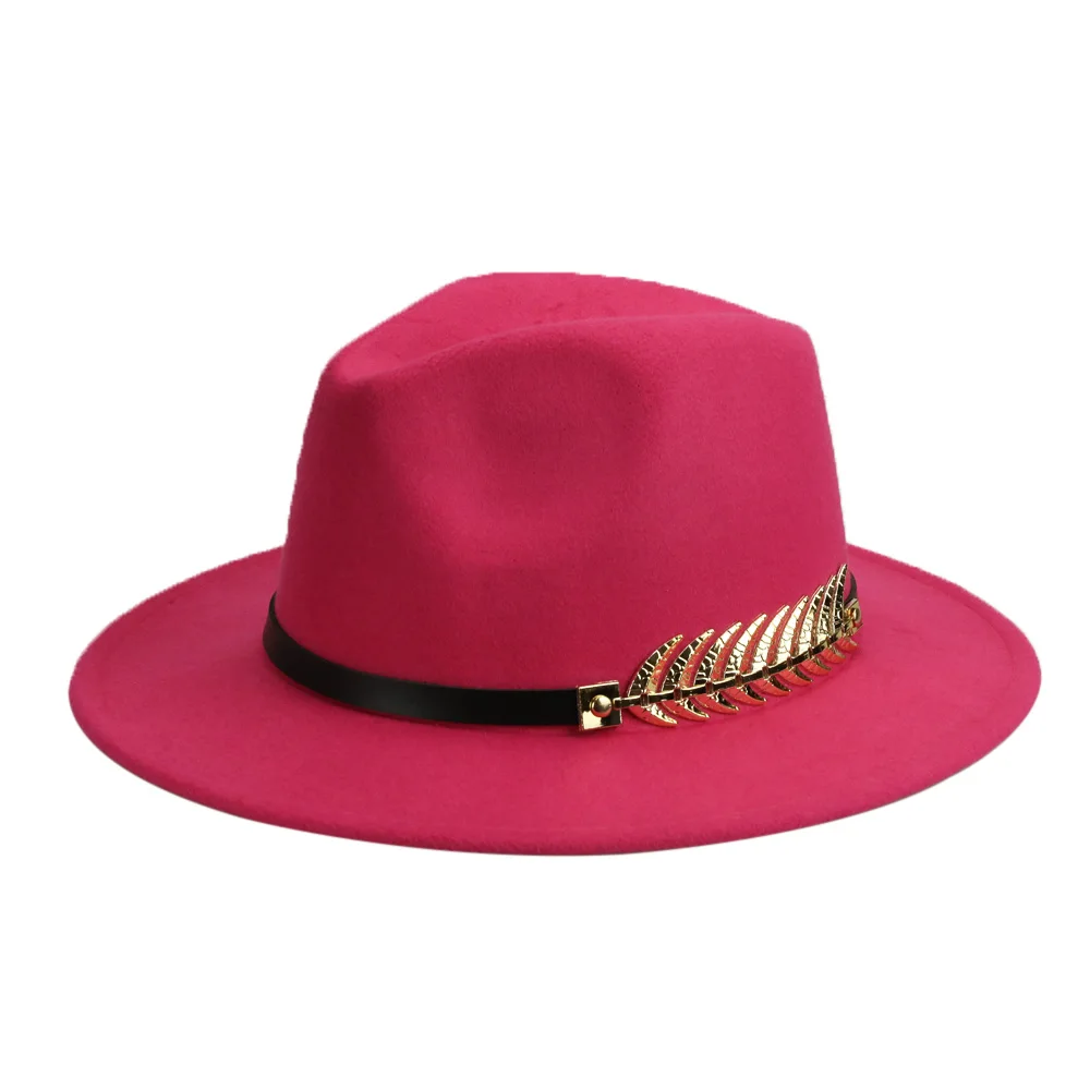 Rose trilby hat Зимняя фетровая шляпа с металлическим поясом, Женская фетровая шляпа с широкими полями, мужская фетровая шляпа, фетровая шляпа, Панама, кепки, винтажная верхняя шляпа, женская шапка YY18001 - Цвет: Rose trilby hat