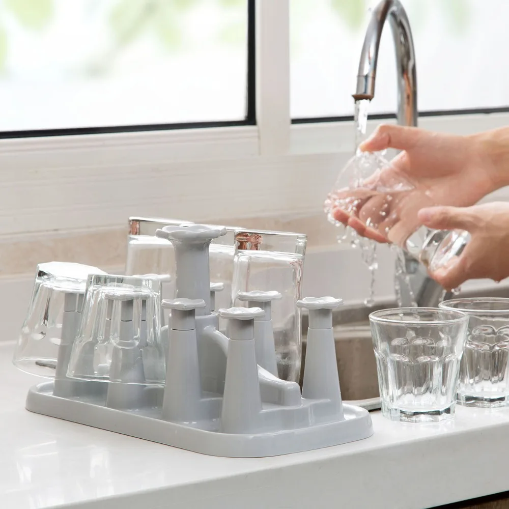 

6/8 Cups Plastic Drying Drain Holder Kitchen Cups Mug Storage Rack Hanger Stand Organizer