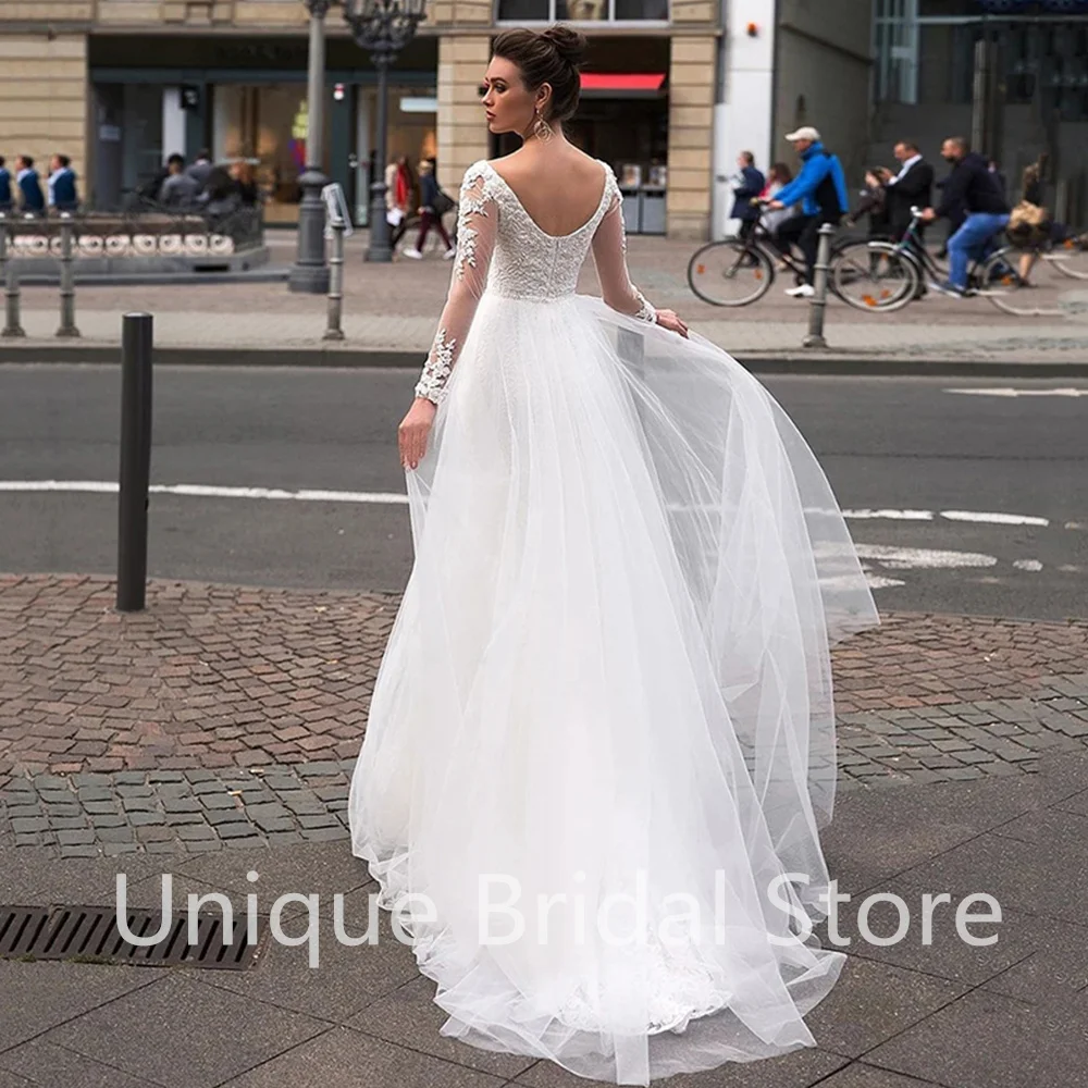 

Elegant A-Line Wedding Dress Boat Neck Long Sleeves Backless Appliques Detachable Skirt Bridal Gowns 2021 Vestidos De Noivas