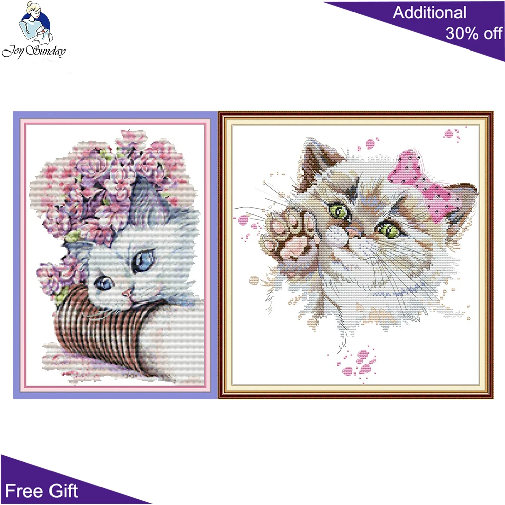 Joy Sunday милый кот и цветок DA465 DA473 14CT 11CT Счетный штампованный котенок домашний декор