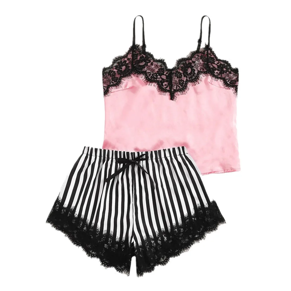 

pajamas set Women V-Neck Lace Satin Striped Camisole Pajamas Sleepwear Bowknot Shorts Intimates gecelik camisola