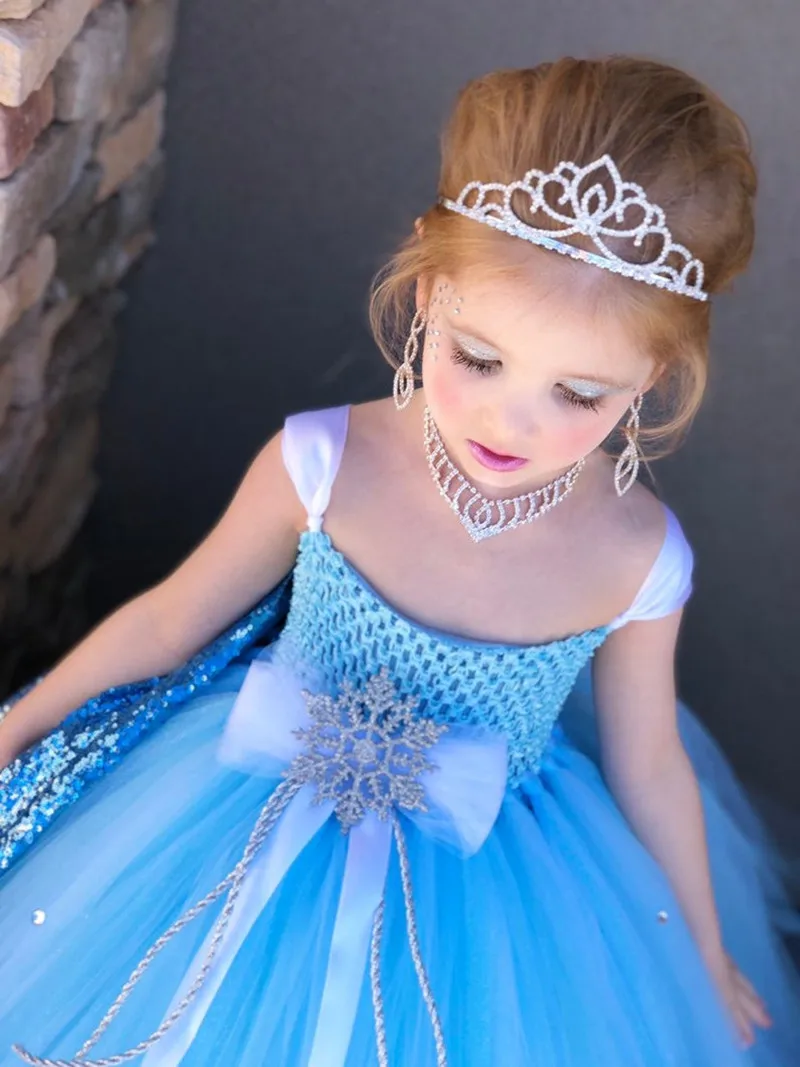 Girls White Snowflake Elsa Princess Dress Kids Blue Tulle Tutu Ball Gown with Crown Children Party Costume Cosplay Dresses | Детская