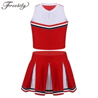 kids girls cheerleading uniforms outfit sleeveless crop top with pleated skirt set for cosplay performance cheerleader costume