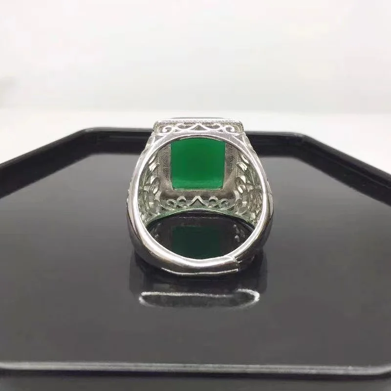 

925 Silver Men Ring Geometric Shaped Emerald Jade Resize Finger Jewelry Ornaments For Wedding Party Green Stone Rings Dropship