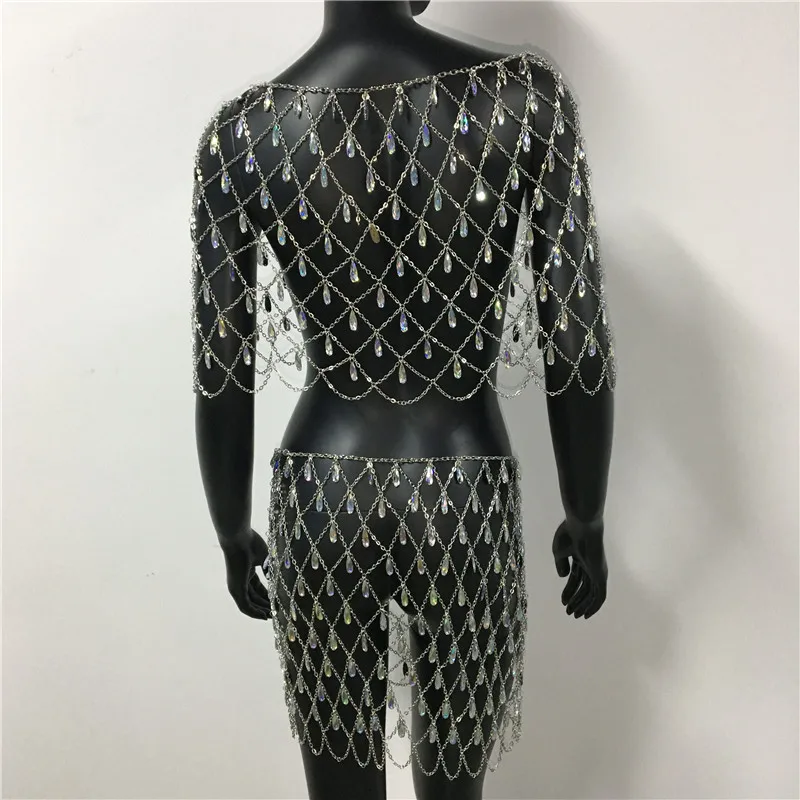

Bling Stone Metal Chian Hollow Out Body Chian Two Piece Set Cover Up See Through Sleeveless Tank Top Shiny Crystal Mini Skirt